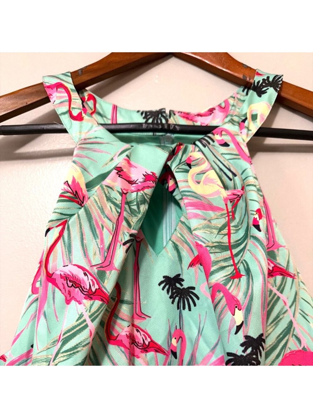 Retro Lindy Bop Teal Flamingo Halter Neck Dress Pink Rockabilly 50’s UK 20 US 16 - Picture 3 of 9
